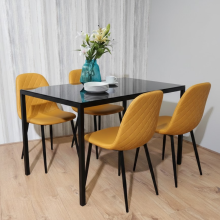 Modern Black Glass Dining Table Set with 4 Mustard Faux Leather Chairs Dining Room Set