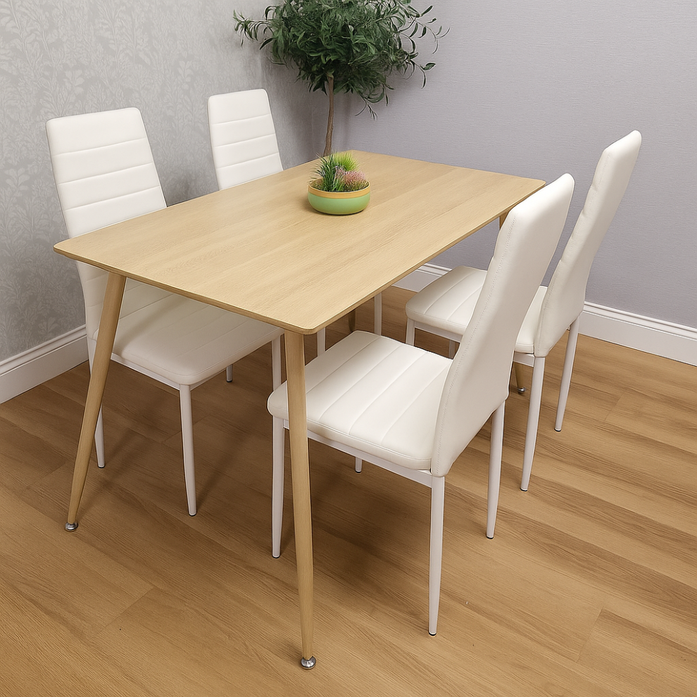 Wooden Dining TableSet with 4 white Faux Leather Chairs Dining Room Furniture-image-OPC-PNJYZVY-NEW
