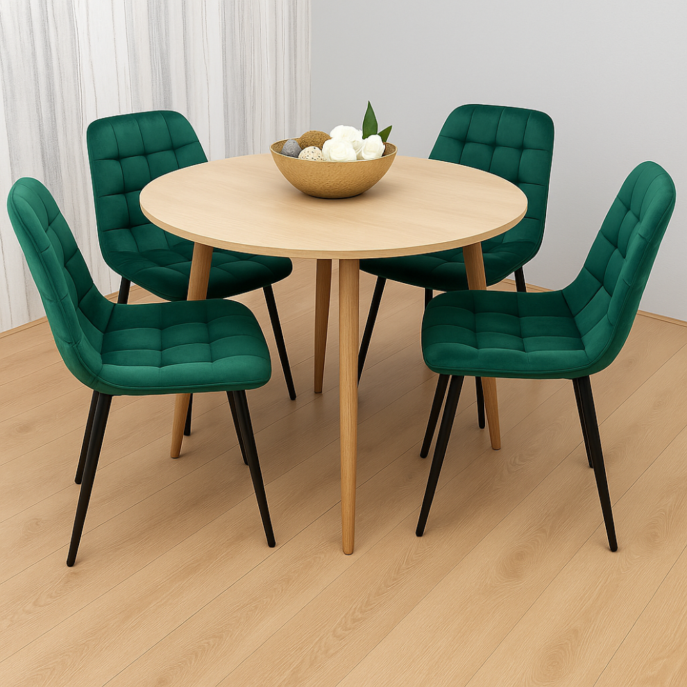 Modern Round Dining Table Set With 4 Green Velvet Chairs Dining Room Furniture-image-OPC-PNJZ82P-NEW