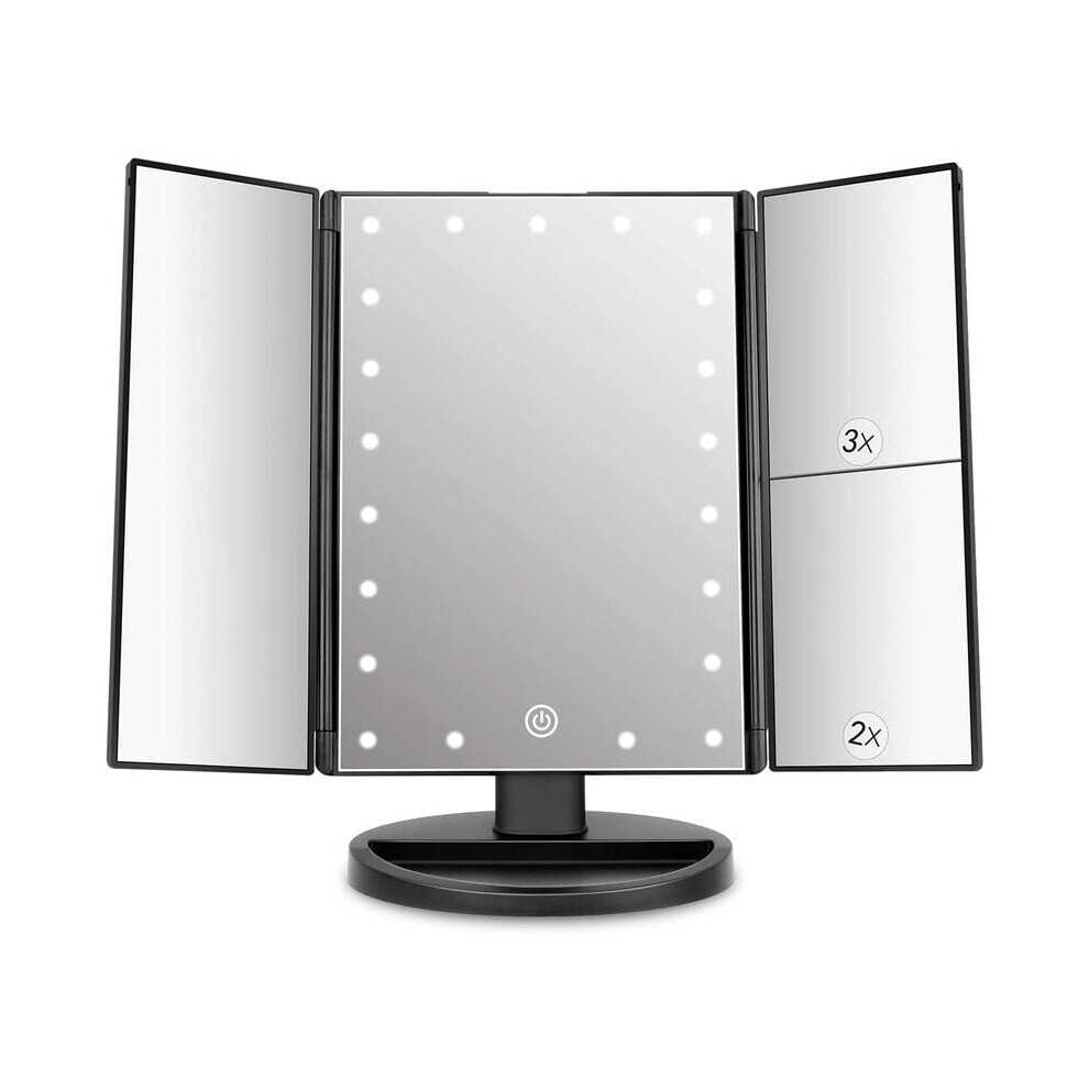 Elegant Reflections, Tri-Fold Vanity Mirror with LED Illumination, Chargeable & Dual-Power Options, 180 Degree Swivel Stand, Portable Makeup Station (