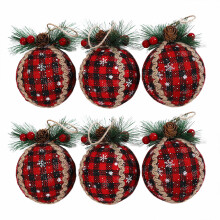 Handmade Large Christmas Balls Durable Holiday Ornaments Shatter Proof Plastic Burlap Fabric Wrapped Red And Black Plaid Pattern With Pine Cones Berry
