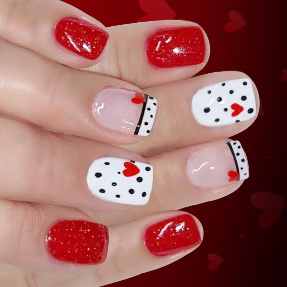 24pcs Short Square Press On Nail Red Glitters French Design