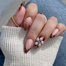 French Tip False Nail Fall Flower Engraved Print ABS Long