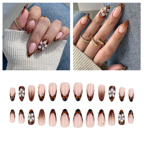 French Tip False Nail Fall Flower Engraved Print ABS Long 1