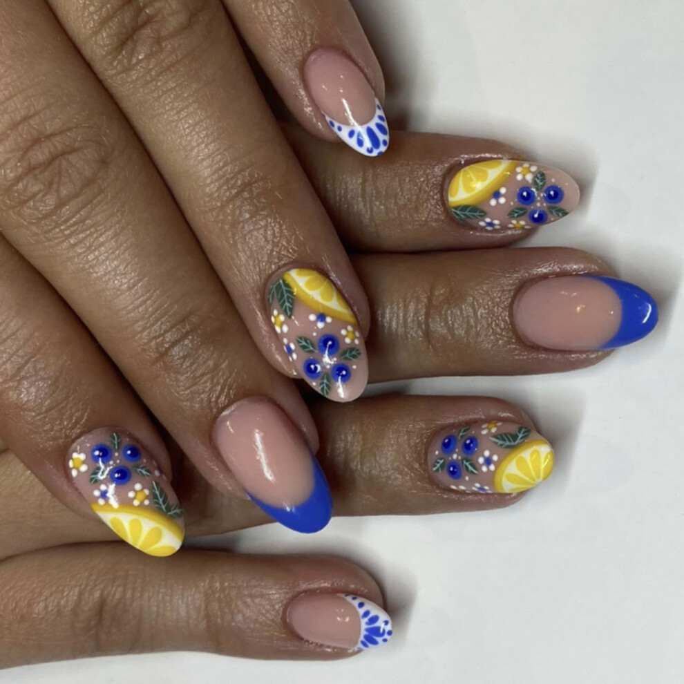 Lemon Press On Nail French Tip Almond False Nail Glues on Nail
