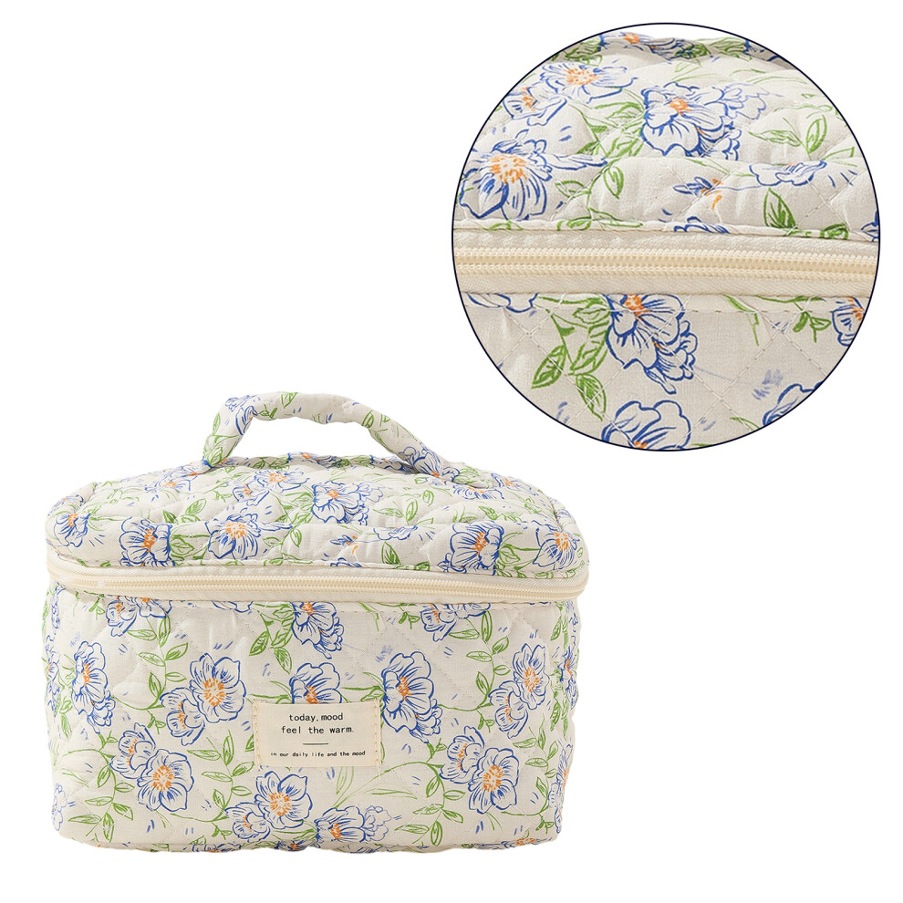 Blue Makeup Organizer Bag Cosmetic Bag Large Capacity- Flowers
