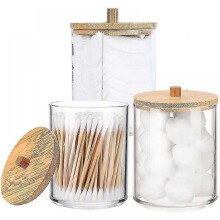 Qtip Holder with Bamboo Lid Dispenser, Cotton Ball Holder Apothecary Jars with Lids for Bathroom Accessories, Clear Plastic Dispenser Jar Cotton Swab
