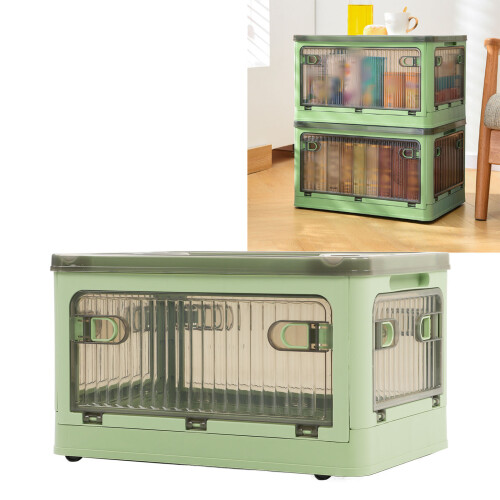 Folding Storage Basket, Collapsible Storage Bin with Removable Wheels, Stackable Closet Organizer Featuring Side Handles and 5-Side Access, Plastic Mu 2