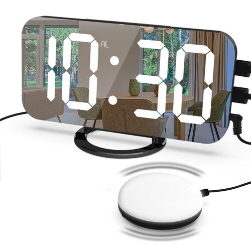 LED Vibration Alarm Clock Multifunctional Dual USB Charging Mute Bedside Automatically Adjust Brightness Black