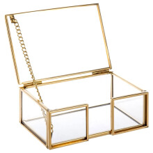 Vintage Schmuckkästchen aus Glas, goldene Metallbox, ideales Geschenk für Hochzeit und Geburtstag, quadratische Schmuckschatulle aus Klarglas für
