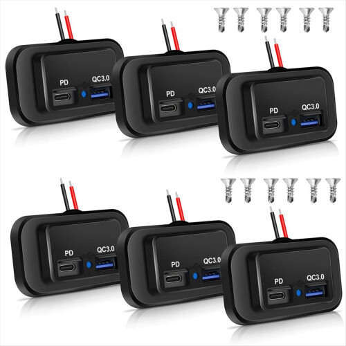 6PCS 12V/24V RV USB Outlet, Dual PD3.0 Type-C (USB 1
