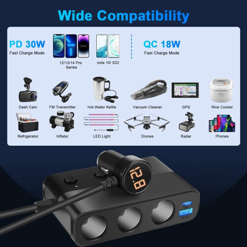 7 in 1 Car Charger Adapter Splitter, 3 Socket Powe 2