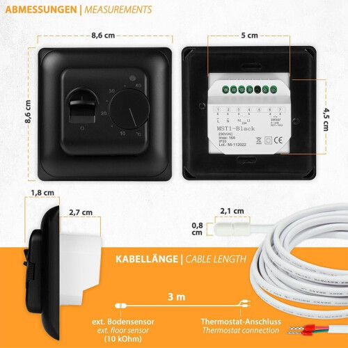 NonProgrammable Room Thermostat Controller Underfloor Heating With External Floor Sensor 230V Wired Flush Mount 16A 3680W Cap 1