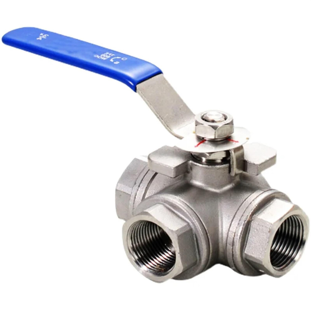 1/2 Npt Ss304 Lport 3Way Ball Valve, Full Port Tee, Water Gas Compatible, 304/316 Stainless Steel 9339159626856