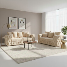 (Cream, 3+2 Seater) Aston Scatter Back Plush Velvet Sofa 2 and 3 Seater, 3+2 Set, 5 Seater Corner Sofa and Footstool