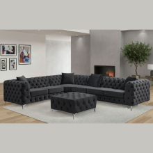 (Black, Right Hand Chaise) Luxury 6-Seater L Shaped Corner Sofa Plush Velvet L R Facing Elegant Lounge Suite Settee Couch Chaise