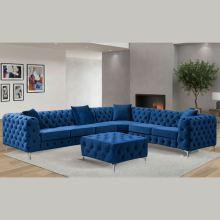 (Blue, Left Hand Chaise) Luxury 6-Seater L Shaped Corner Sofa Plush Velvet L R Facing Elegant Lounge Suite Settee Couch Chaise