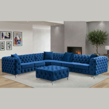 (Blue, Right Hand Chaise) Luxury 6-Seater L Shaped Corner Sofa Plush Velvet L R Facing Elegant Lounge Suite Settee Couch Chaise