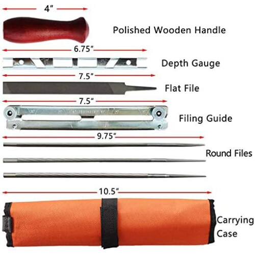 Chainsaw Sharpener File Kit, 10Piece WoodHandle Set With Round Files, Depth Gauge 1