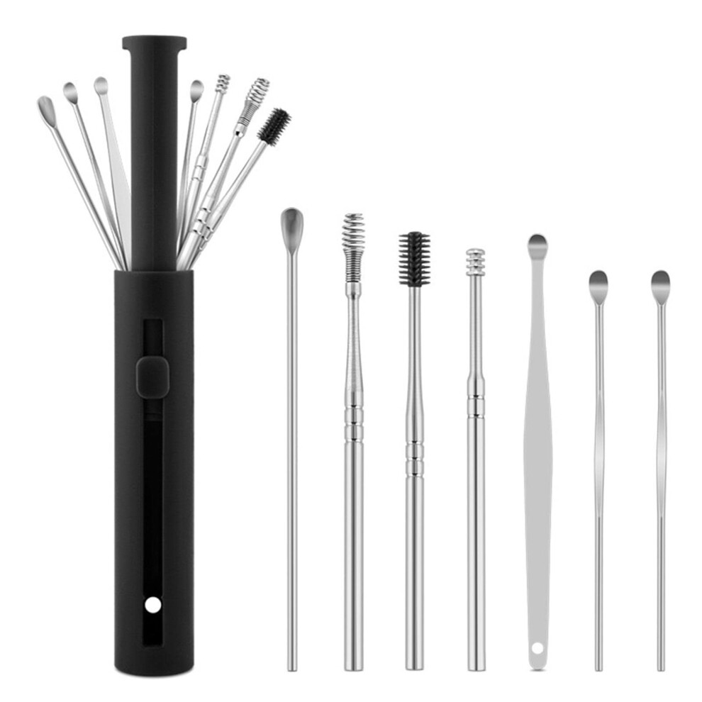 7Pcs/Set Steel Earpick Wax Remover Piercing Kit Black Ear Cleaner Tool Ear Wax Curette Spoon