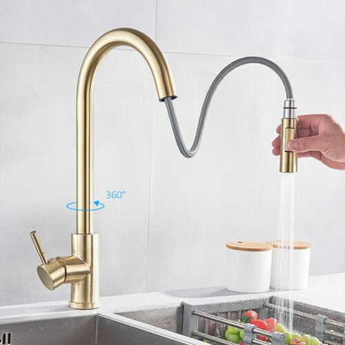 Brushed Gold Kitchen Faucet, Stainless Steel & Solid Brass Structure, Dual Function Pull Out Sprayer for Enhanced Cleaning Efficiency 2