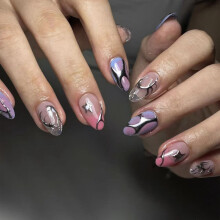 Faux ongles à pression française, 24 pièces, rayures argentées,