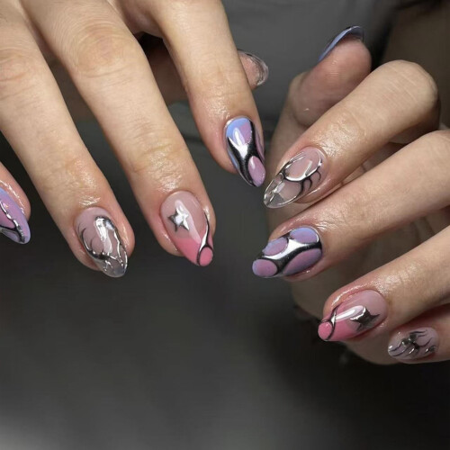 Faux ongles à pression française, 24 pièces, rayures argentées,