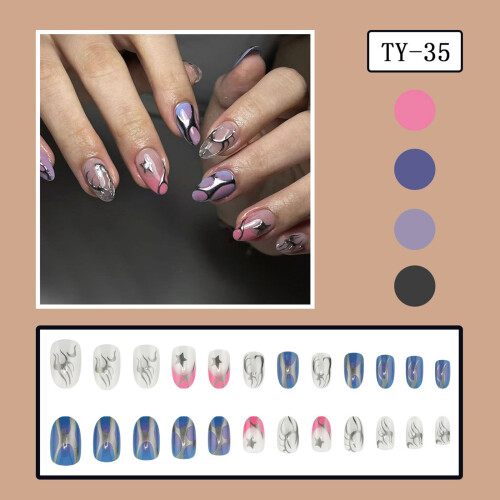 Faux ongles à pression française, 24 pièces, rayures argentées, 1