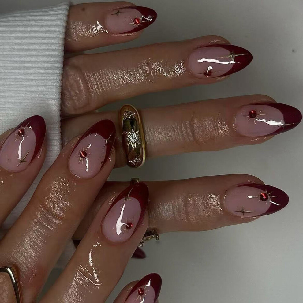 Wine Reds Press On Nail French Tip Almond False Nail Glues on