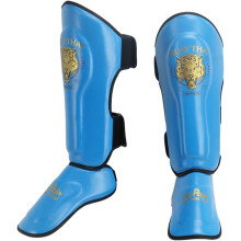 Shin Guards Muay Thai Blue Leather Size L Kickboxing Instep Padding Leg Protection For Sparring Martial Arts