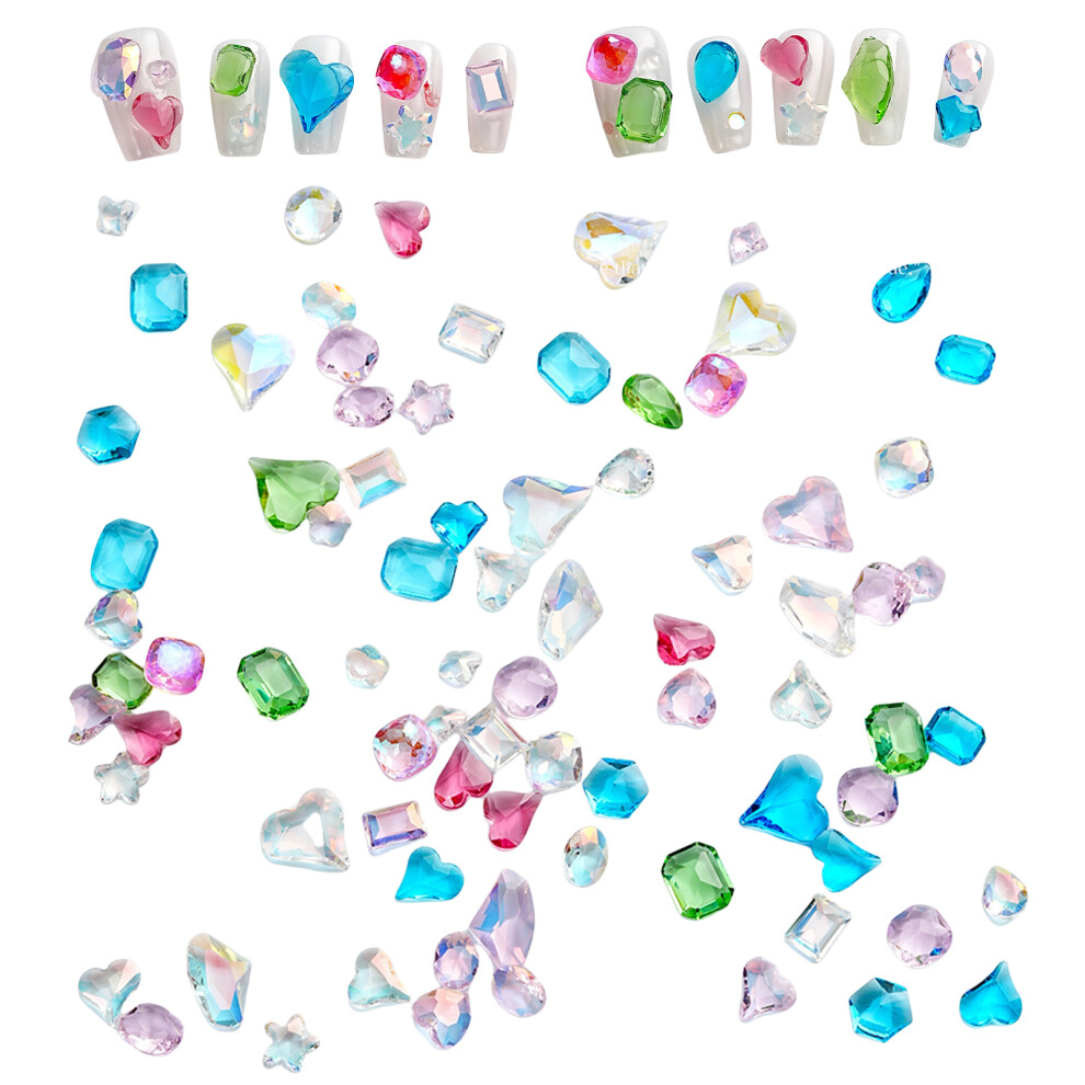 50/100 Pcs Heart Nail Rhinestones Colorful Nail Gems-50 pieces