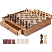 Jeu d'Échecs en Bois Massif 2-en-1 avec Tiroir de Rangement - Pièces Poids Lourd, Cadeau Noël Élégant