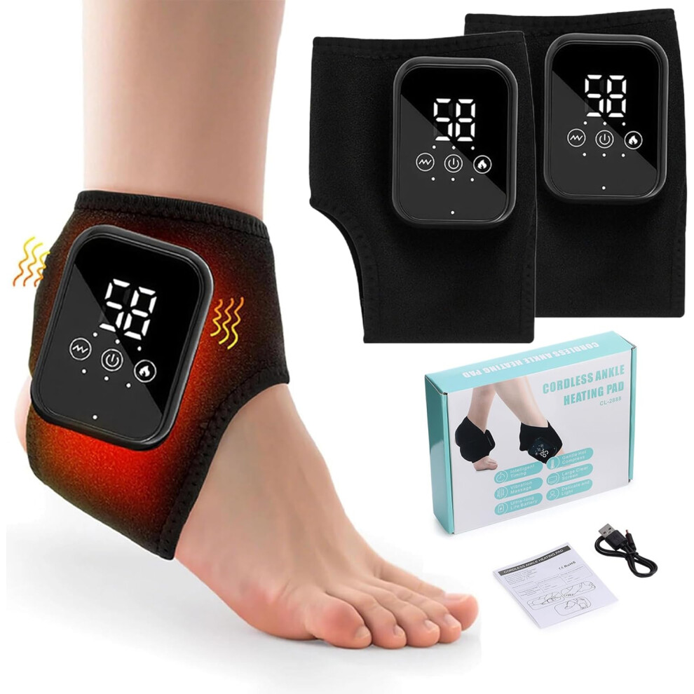 Oimg Black Foot Triple Method Massager Cordless Ankle Wrap - 3 Heat 3 Vibration Modes Portable Rechargeable Pain Relief 2Pcs