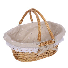 Coș de picnic din răchită naturală, realizat manual, cu căptușeală detașabilă din gingham, mânere duble pliabile, design ecologic pentru