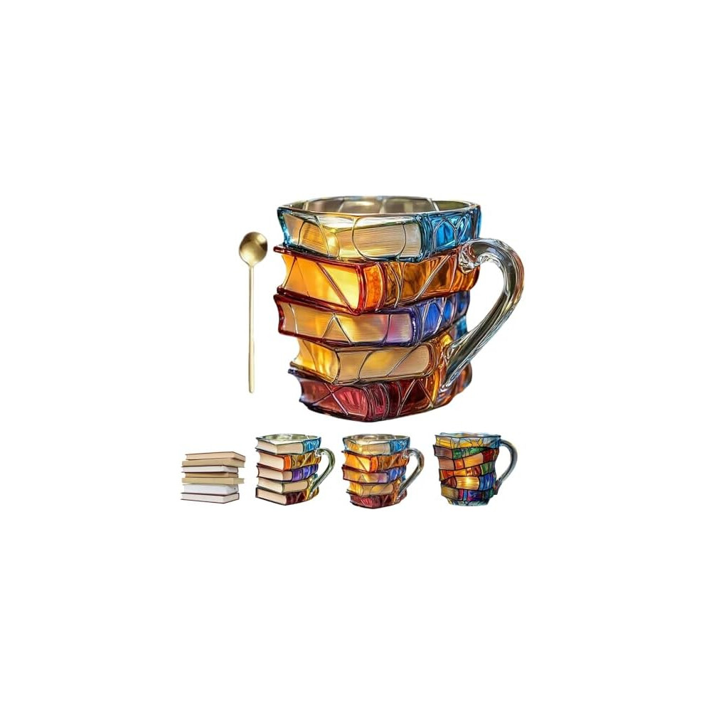 Squeeze Bookhaven Mug with Spoon Painted Book Mug - Stacked Books Coffee Mugs for Book Lovers Novelty Unique Coffee Mugs