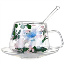 2 kpl kaksikerroksisia lasikahvimukeja alustoineen, 250ml kuivakukkakuosi, sininen, eristetty teelle ja cappuccinolle