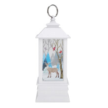 Vintage kerstdecoratie, lantaarn met kardinaalmotief en sneeuwbol, decoratieve lantaarn die een romantische en warme sfeer in huis creëert.