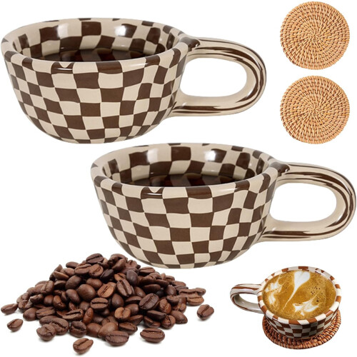 Κούπα Καφέ Checkerboard, Καφέ, με Δίσκο, για Γραφείο και Σπίτι, Μοναδική, Δώρο (2 τεμ.)