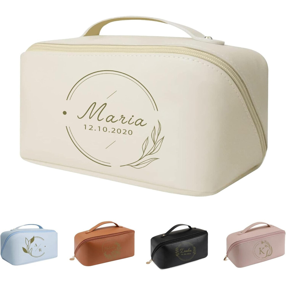 Oimg Black/White/Pink Personalized Leather Makeup Bag Large Capacity Cosmetic Bag For Women Bridesmaid Gifts, Laser Engraving Name Travel Toiletry Bag