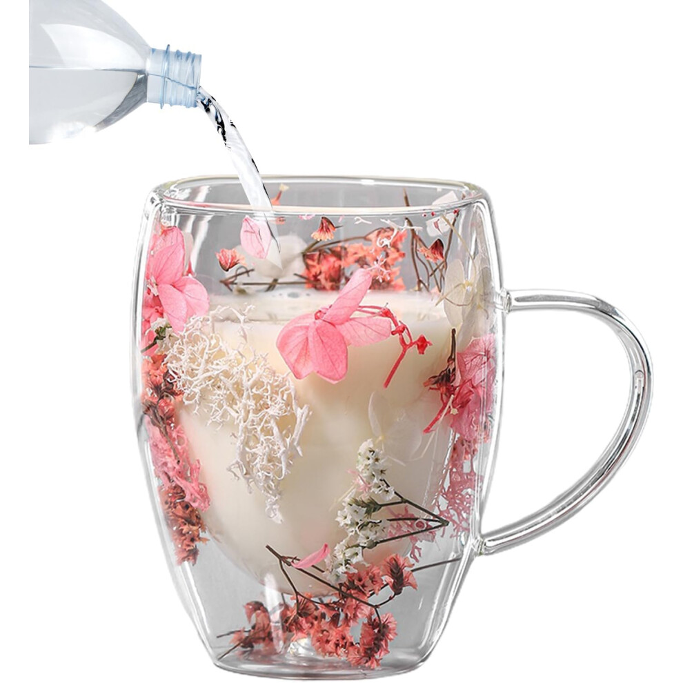 Estetyczne PodwóJne Szklanki Z Suszonymi Kwiatami 350 Ml Z Uchwytami PodwóJna Warstwa Do Herbaty I GorąCej Kawy-image