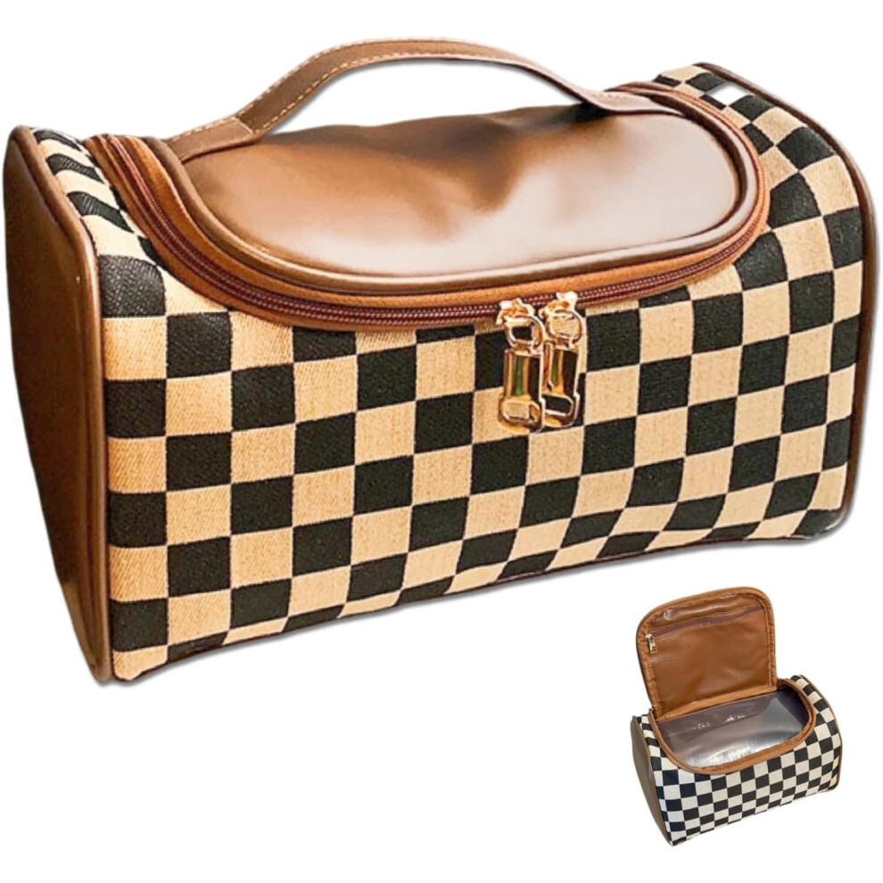 Oimg Brown Checkered Makeup Bag Travel Purse Toiletry Bag Women Cute Cosmetic Case Portable Hanging Organizer For Essentials (Brown)