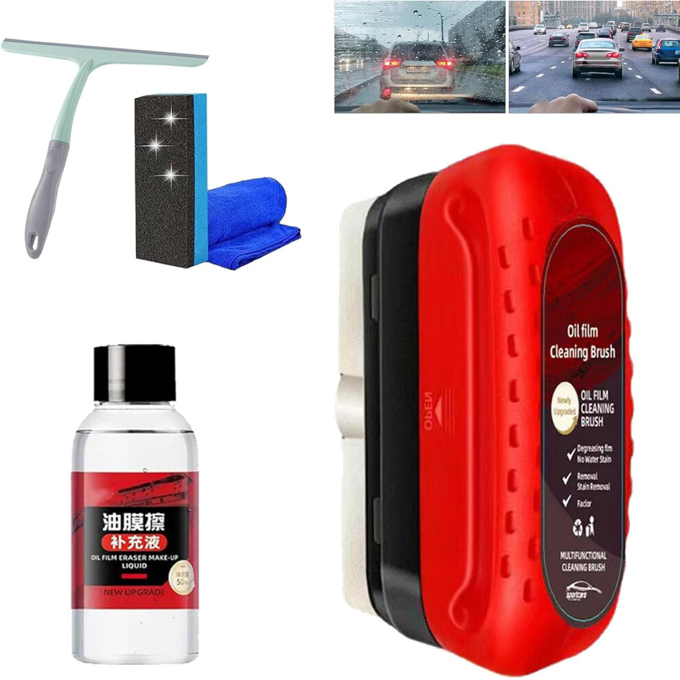 Automotive Oil Film Cleaning Board & Brush Kit - Oil Film Remover For Car Window Anti-Rain Fog With Refill 3233223082431