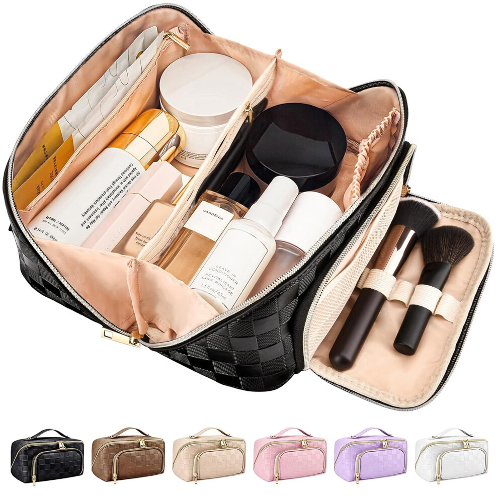 Oimg Black Travel Makeup Bag For Women Large Capacity Checkered Cosmetic Bags Portable Pouch Open Flat Toiletry Bag With Divider And Handle (Black)