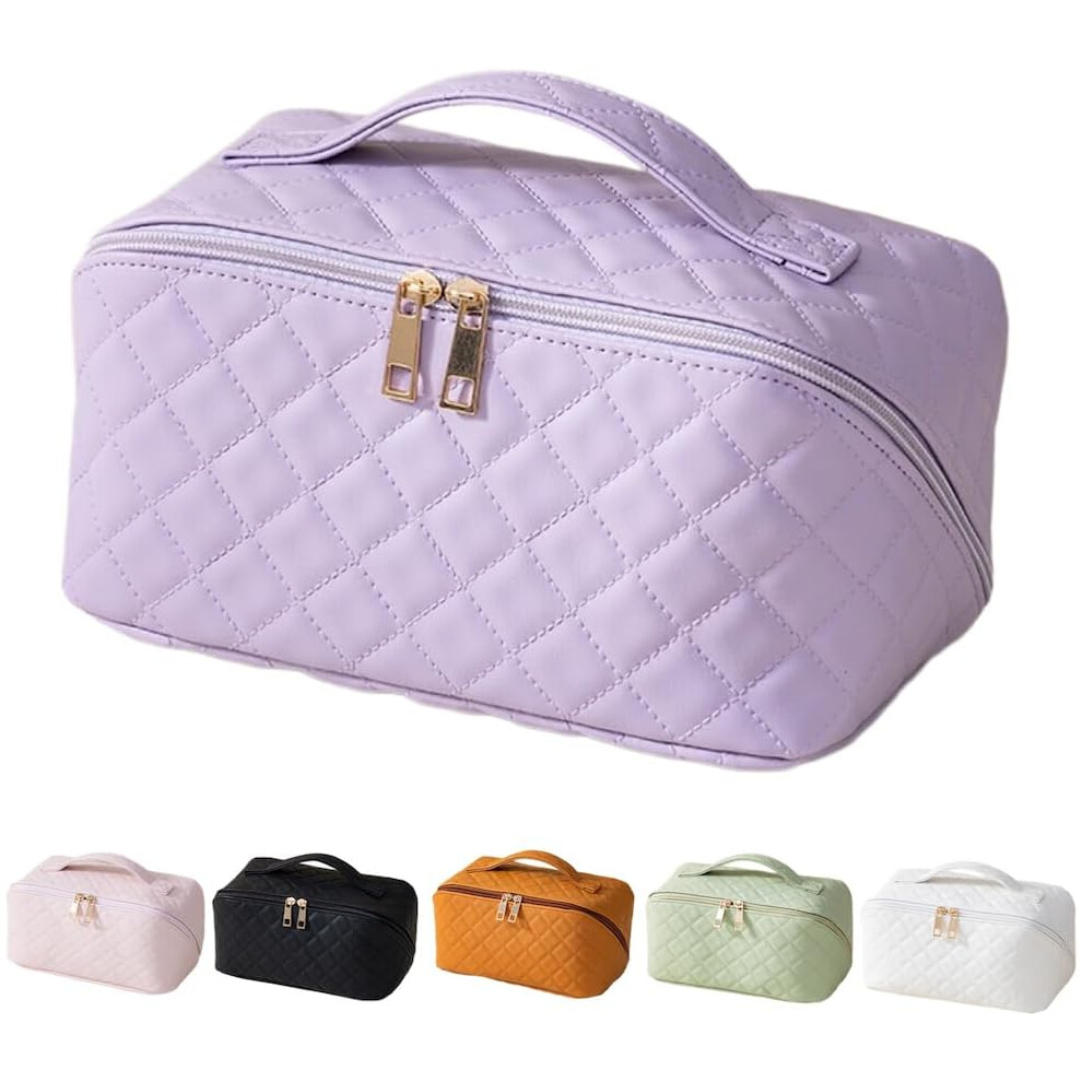 Oimg Purple Large Capacity Travel Cosmetic Bag Portable Waterproof Pu Leather Makeup Organizer Toiletry Bag With Handle And Divider (Purple)