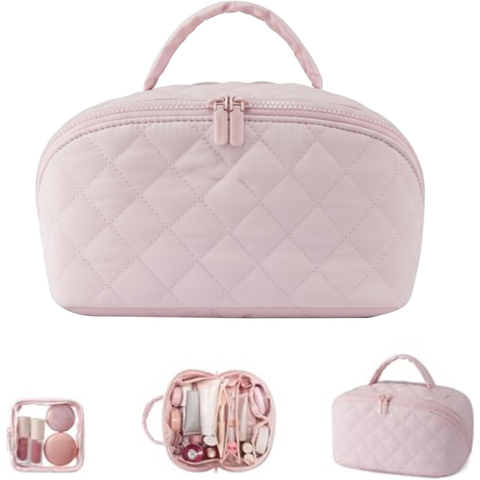 Oimg Quilted Travel Makeup Bag For Women Puffer Cosmetic Organizer Large Capacity Pouch Open Flat Designer Toiletry Bag