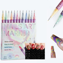 Nagelstift 12 Farben mit 3 Mal-Schablonen - 3D Nagelkunst Set, Zeichen- und Liner Pinsel für DIY Design