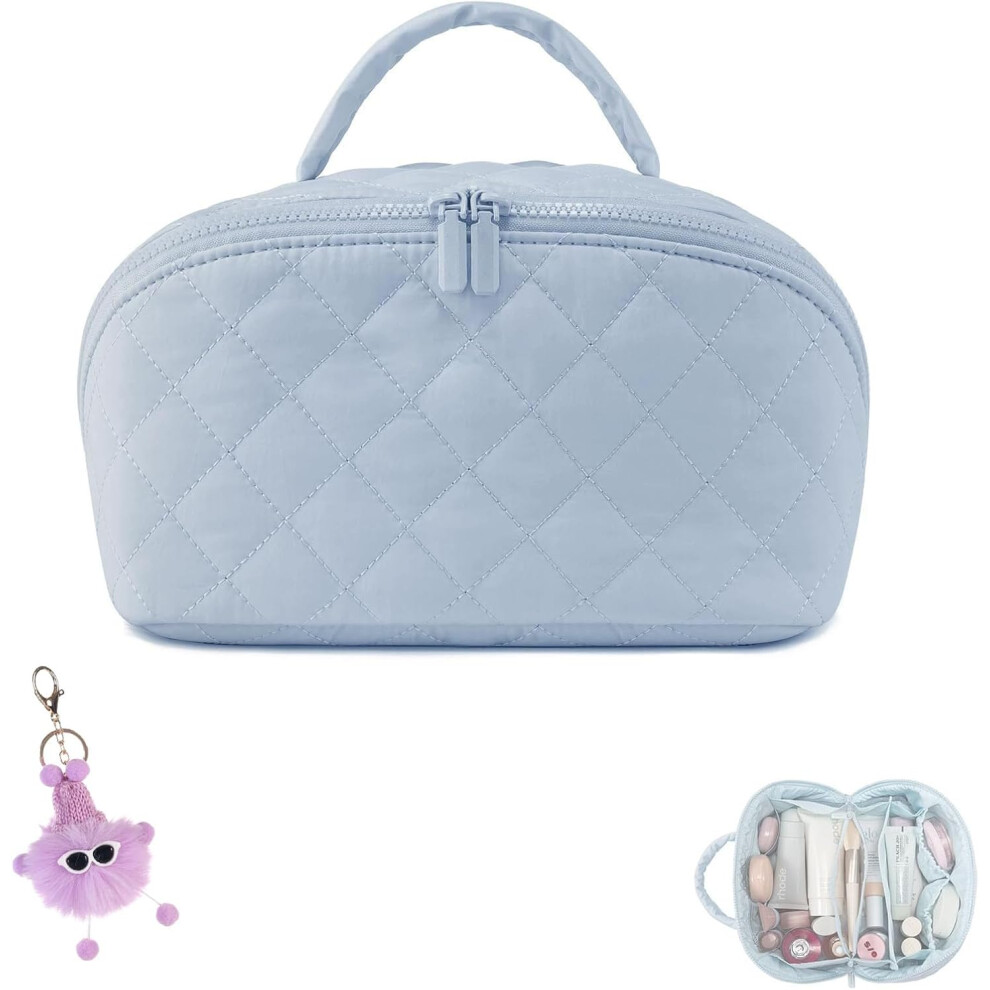 Oimg Blue Makeup Bag For Woman 180 Lay Flat Wide Open Makeup Bags Large Fold Out Washable Cosmetic Case Quilted Puffy Toiletry Bags For Toiletries