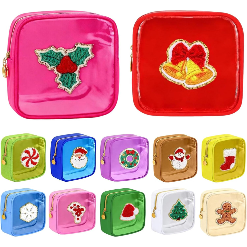 Oimg Mini Christmas Pouches 12 Pcs Pack Christmas Clear Preppy Patch Makeup Bag Bulk Small Nylon Holiday Travel Skincare Cosmetic For Women Gift