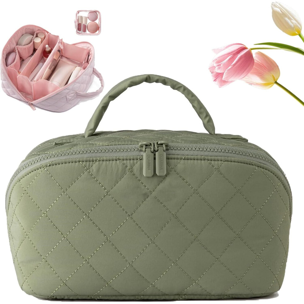 Oimg Green Travel Makeup Bag For Woman 180 Lay-Flat Design Large Capacity Makeup Organizer Pouch Open Flat Toiletry Bag Triple-Proof Interior