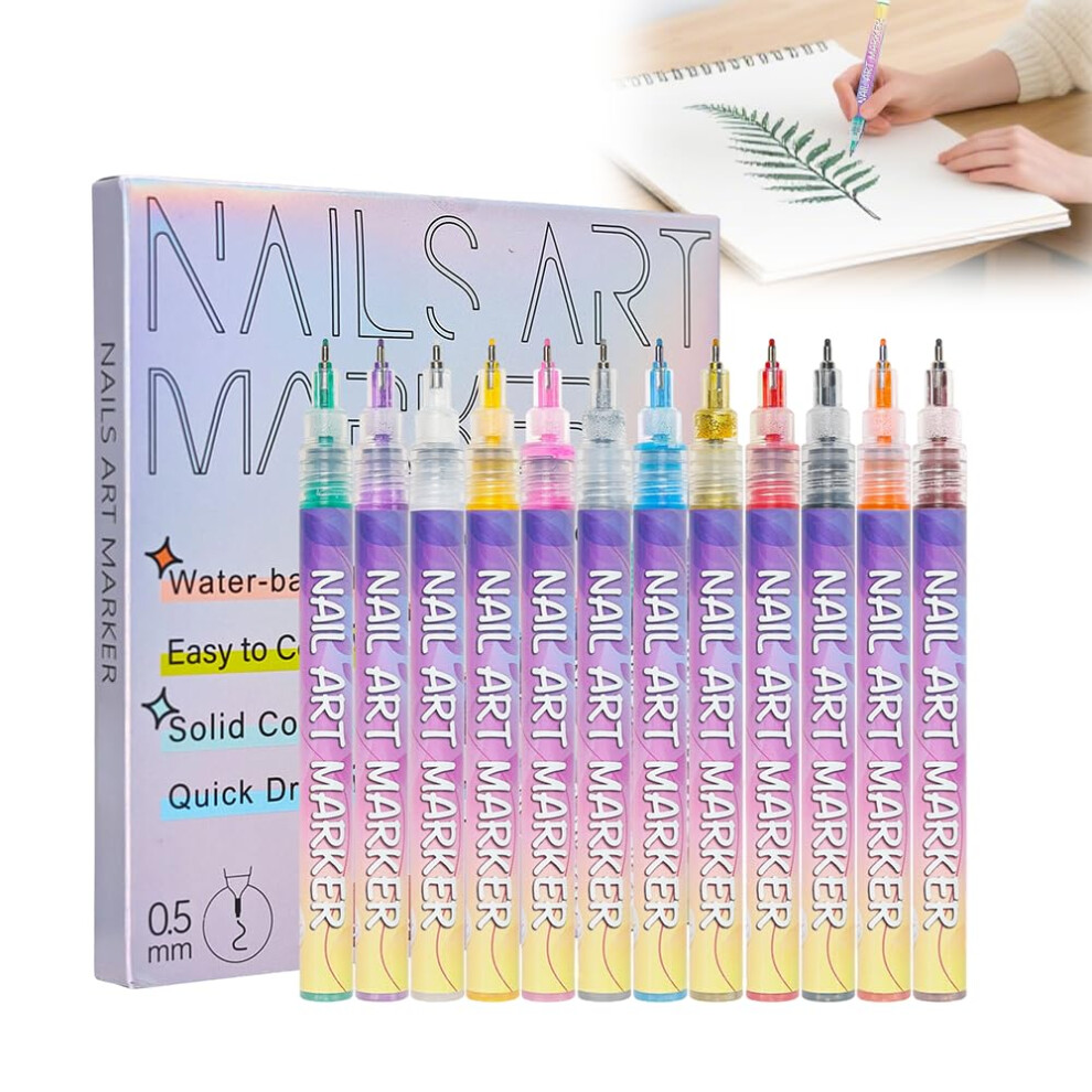 Oimg 12 Colour 0.5Mm Tip Nail Art Markers For Gel & Acrylic Nails - Professional Drawing Brush Set Diy